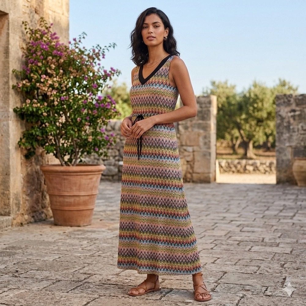 Emma & Michele Womens Size Small Petites Chevron Maxi Dress Sleeveless V-Neck